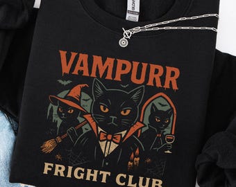 Halloween Vampire Cat Sweatshirt, Spooky Season Retro Black Cat Tee, Vintage Halloween Vampurr Horror Cat Shirt, Cat lover Gift