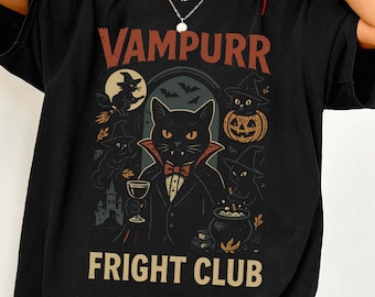 Halloween Vampire Cat Shirt, Vampurr Horror Cat Tee, Spooky Season Retro Shirt, Vintage Halloween Black Cat Sweatshirt, Cat lover Gift