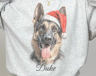 Custom Name German Shepherd Santa Christmas Sweatshirt, Dog in Festive Santa Hat Sweater, Dog Lover Shirt, Funny Christmas Gift Crewneck