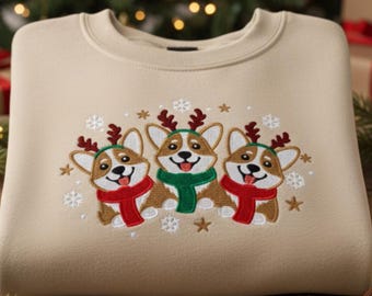 Christmas Embroidered Corgi Sweatshirt, Holiday Dog Embroidery Crewneck, Cozy Festive Gift for Dog Lovers
