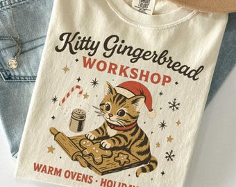 Christmas Cat Baking Shirt, Gingerbread Biscuits Tee, Cozy Holiday Cat Mom Gift, Jolly Cookie Baking Shirt, Santa Cat Comfort Colors T-Shirt