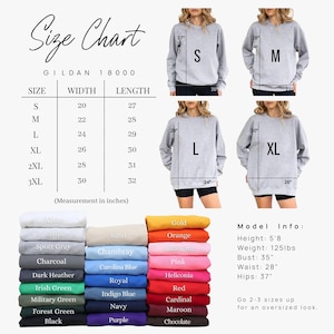 Size and color chart for the Sweatshirt Model Gildan 18000, displaying the sweatshirt on a woman model wearing 4 different sizes: S, M, L, XL for reference, sizes and measurements within a table in inches, available in sizes S, M, L, XL, 2XL and 3XL