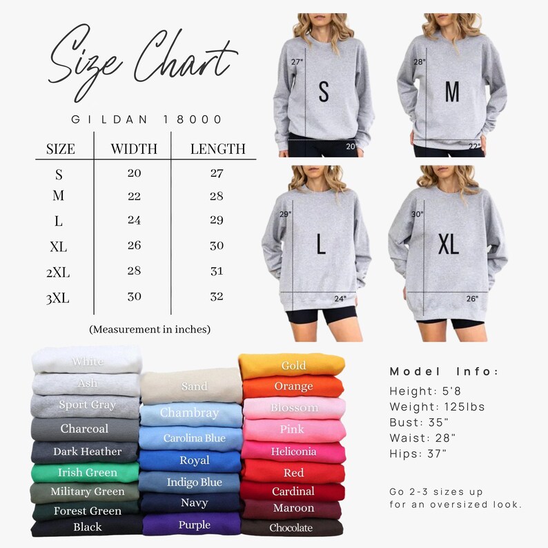 Size and color chart for the Sweatshirt Model Gildan 18000, displaying the sweatshirt on a woman model wearing 4 different sizes: S, M, L, XL for reference, sizes and measurements within a table in inches, available in sizes S, M, L, XL, 2XL and 3XL