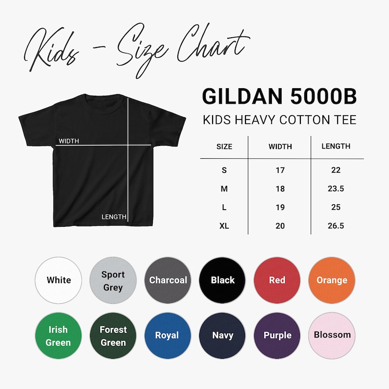 Size and color chart for the Youth size T-shirt Model Gildan 5000B, displaying the shirt layed flat for reference, sizes and measurements within a table in inches, available in sizes S, M, L and XL