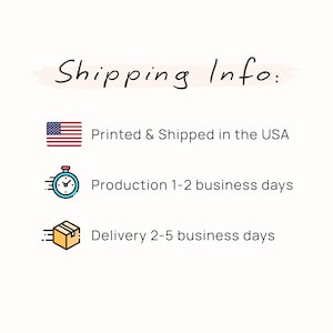 Shipping time and processing (production) time information card image: printed and shipped in the USA, production time is 1 to 2 business days and delivery time is 2 to 5 business days.