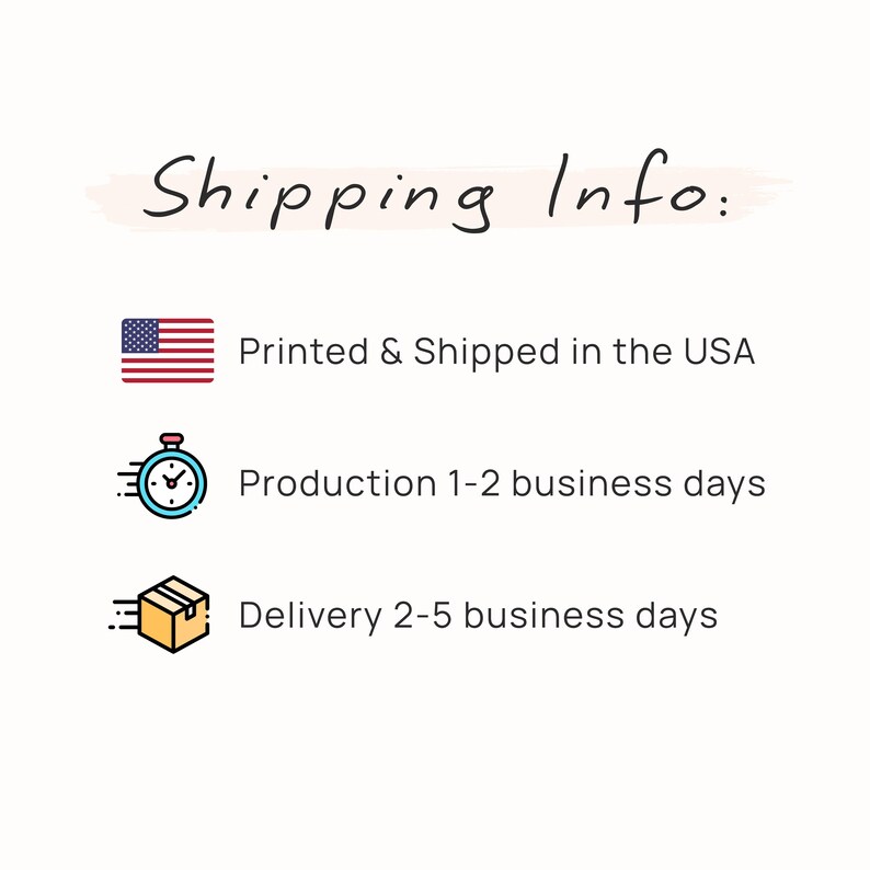 Shipping time and processing (production) time information card image: printed and shipped in the USA, production time is 1 to 2 business days and delivery time is 2 to 5 business days.