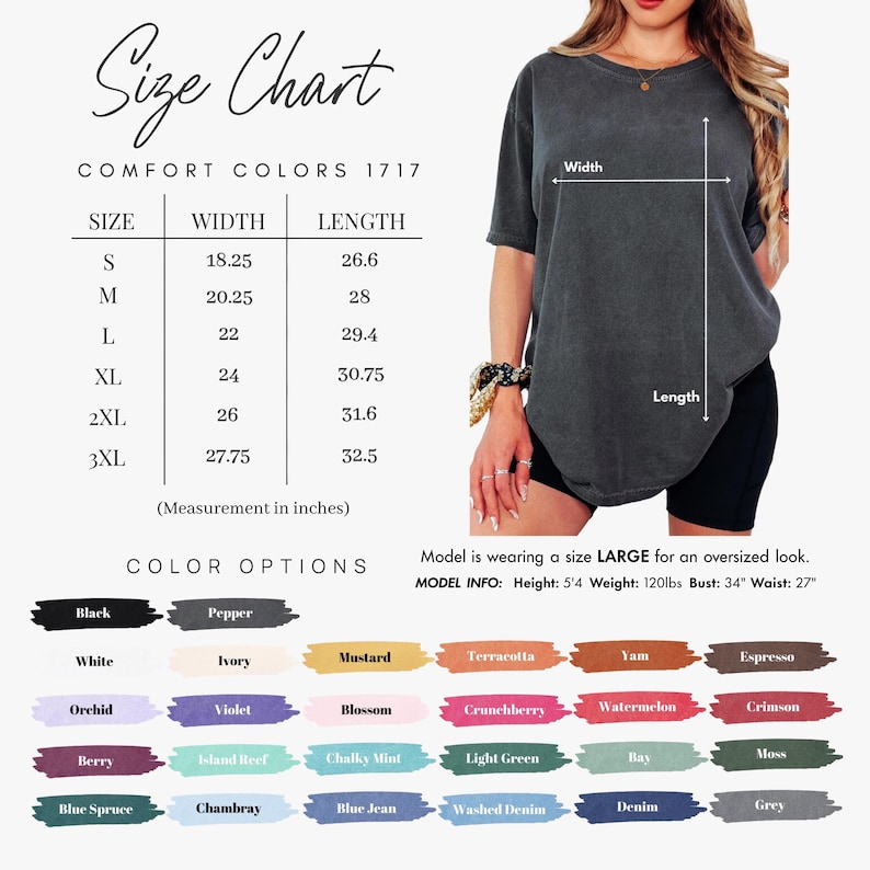Size and color chart for the T-shirt Model Comfort colors 1717, displaying the shirt on a woman model for reference, sizes and measurements within a table in inches, available in sizes S, M, L, XL, 2XL and 3XL