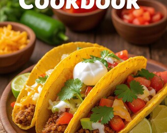 May include: A wooden plate holds three fully loaded tacos with ground meat, cheese, tomatoes, and sour cream. The tacos are garnished with cilantro and lime wedges. The image is topped with the text "MÉXICA Cookbook".
