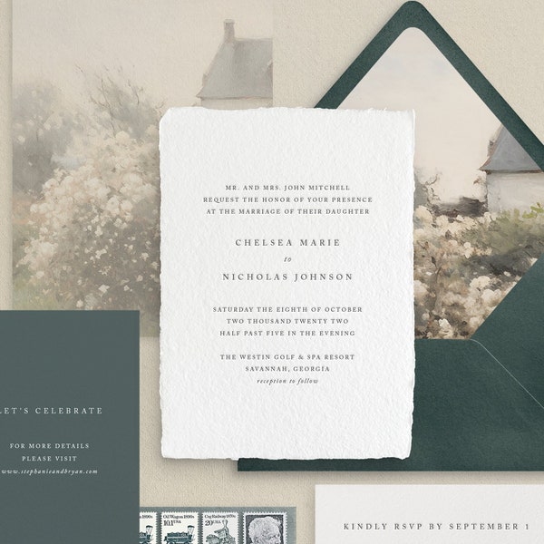 Handmade Paper Letterpress Wedding Invitation | Custom Venue Illustration | Save the Dates | Wedding Invites | Menus | Chelsea - Sample