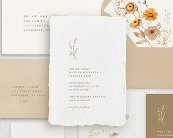 Handmade Paper Floral Wedding Invitation | Minimalist Wedding Invitations | Save the Dates | Wedding Invites | Menus | Hayden - Sample