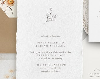 Handmade Paper Floral Wedding Invitation | Minimalist Wedding Invitations | Save the Dates | Wedding Invites | Menus | Piper - Sample
