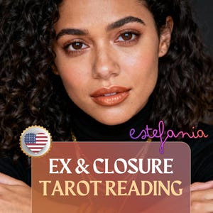 Könnte beinhalten: Eine Frau mit dunklem, lockigem Haar und braunen Augen steht im Mittelpunkt. Der Text "EX & CLOSURE TAROT READING" ist zu sehen. Ein kleines amerikanisches Flaggenemblem ist sichtbar. Im Hintergrund sind eine brennende Kerze und der Name "estefania" in Kursivschrift.