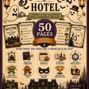 May include: A 50-page digital download titled Boo-Tique Hotel featuring Halloween-themed activities for kids. The poster includes illustrations of ghosts, pumpkins, a haunted hotel, and icons for games, crafts, and schedules on a vintage-style background.