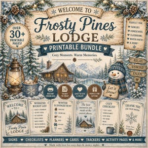 Frosty Pines Lodge Dramatiskt Lekpaket | Vinterlek Utskrivbar (Digital Nedladdning)