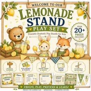 May include: A watercolor illustration of a lemonade stand play set for kids. The image features a bear, bunny, and fox with lemonade. Includes signs, money, tickets, order forms, recipe cards, and cutouts. The text reads "Welcome to our Lemonade Stand Play Set".