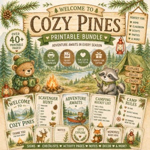 Op de afbeelding: Een aquarel printbaar pakket getiteld "Cozy Pines" met een camping thema. De afbeelding toont een beer en een wasbeer, een kampvuur en diverse borden en checklists. De tekst bevat "Adventure Awaits" en "Meer dan 40+ afdrukbare pagina's!"