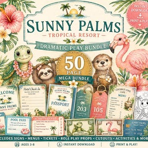 May include: A tropical resort-themed dramatic play bundle with a turtle, sloth, and otter. Includes signs, menus, tickets, and role-play props. Features a flamingo, hibiscus flowers, and the text "Sunny Palms".