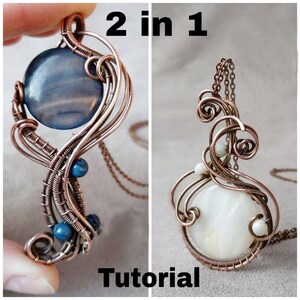Puede incluir: Dos colgantes hechos a mano con alambre. Uno presenta una piedra azul grisáceo y cuentas azules, el otro una piedra blanca y cuentas blancas. Los colgantes están en cadenas delicadas. El texto dice "2 en 1 Tutorial".