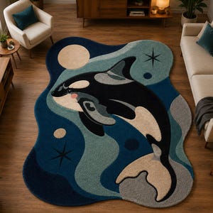 Puede incluir: Una alfombra de forma irregular que presenta un gran gráfico de una orca en blanco y negro. El diseño incluye un fondo ondulado en azul profundo y verde azulado con una luna de color crema, pequeños acentos circulares y estrellas oscuras.
