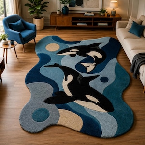 Puede incluir: Una alfombra de forma irregular con una paleta de colores azul oscuro, azul claro y beige que presenta dos ilustraciones de orcas en blanco y negro. La alfombra tiene una textura suave y copetuda con patrones de ondas abstractas.