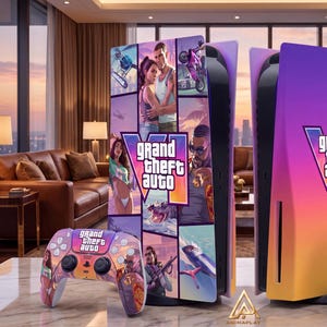 Puede incluir: Una consola de juegos y dos mandos con temática de Grand Theft Auto VI. Las placas de la consola muestran un degradado vibrante de morado a naranja con el logotipo del juego, mientras que el otro lado presenta un collage de personajes y vehículos.