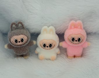 Set of 3 Flocked Lafufu Bunny Figurines, Pastel Mini Collectibles, Kawaii Decor