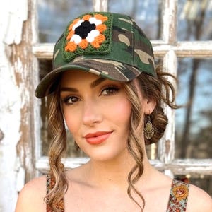Camo Trucker Hat with Granny Square Patch, Crochet Hat, Trucker Hat Patch, Retro Boho Style, Woman's Gift Accessory, Cute Trucker Hat