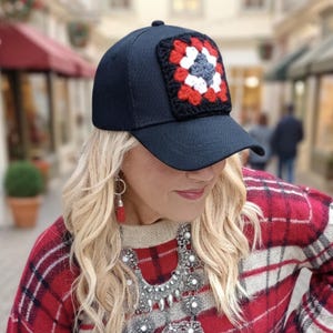 Trucker Hat with Granny Square, BOHO Style, Baseball Cap with Patch, Crochet Patch Trucker Hat, Trucker Cap, Woman's Gift Hat, Cute Hat