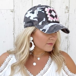 Trucker Hat with Crochet Granny Square Patch, Camo Baseball Cap for Women, Crochet Trucker Hat, Camo Trucker Hat, Woman's Gift, Holiday Hat