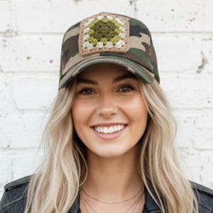 Camo Trucker Hat with Patch, Woman's Baseball Cap with Crochet Patch, Crochet Granny Square, Woman's Accessory, Camouflage Hat for Women