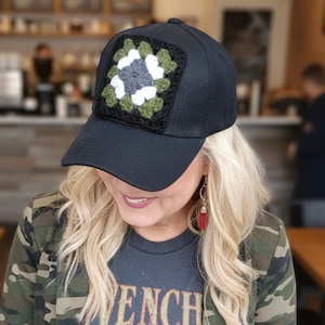 Trucker Hat with Granny Square Patch, Wool Blend Baseball Cap, Trendy Woman's Baseball Cap, Holiday Gift for Women, Women's Accessories