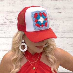 4th of July Trucker Hat with Crochet Granny Square Patch, Red White and Blue Patriotic Baseball Cap, Mesh Trucker Hat, Woman's Hat Accessory