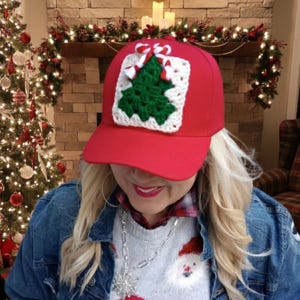 Holiday Trucker Hat, Red Baseball Cap, Granny Square Patch, Christmas Tree Hat, Crochet Trucker Hat, Trucker Hat Patch, Woman's Accessory