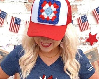 Patriotic Trucker Hat, Granny Square Baseball Cap, Crochet Hat Patch, 4th of July Trucker Hat, Woman's Summer Hat, Independence Day Gift