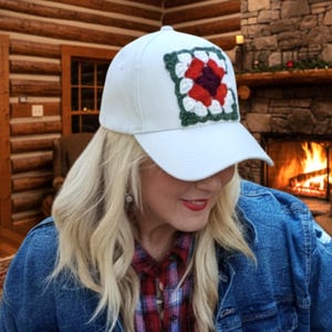 Holiday Trucker Hat with Granny Square, Christmas Baseball Cap with Patch, Holiday Gift Hat, Crochet Trucker Hat, Trucker Cap, Woman's Hat