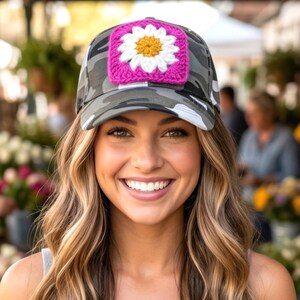 Camo Trucker Hat with Daisy Crochet Granny Square Patch, Crocheted Hat Patch, Boho Retro Style, Woman's Baseball Cap, Handmade Gift for Her