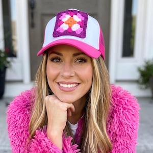 Woman's Trucker Hat with Crochet Granny Square Patch, Hot Pink Foam & Mesh Baseball Cap, Gift for Hat Lovers, Retro Boho Style, Cute Hat