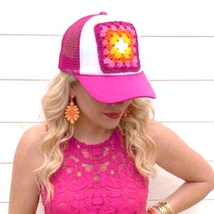 Trucker Hat with Crochet Granny Square Patch, Pink Mesh Trucker Cap, Womans Baseball Hat, Summer Accessory, Retro Boho, Grannycore, Cute Hat image 12