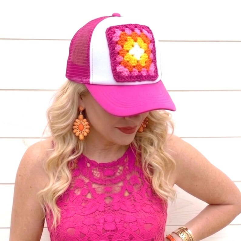 Trucker Hat with Crochet Granny Square Patch, Pink Mesh Trucker Cap, Womans Baseball Hat, Summer Accessory, Retro Boho, Grannycore, Cute Hat image 12