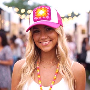 Trucker Hat with Crochet Granny Square Patch, Pink Mesh Trucker Cap, Womans Baseball Hat, Summer Accessory, Retro Boho, Grannycore, Cute Hat image 10