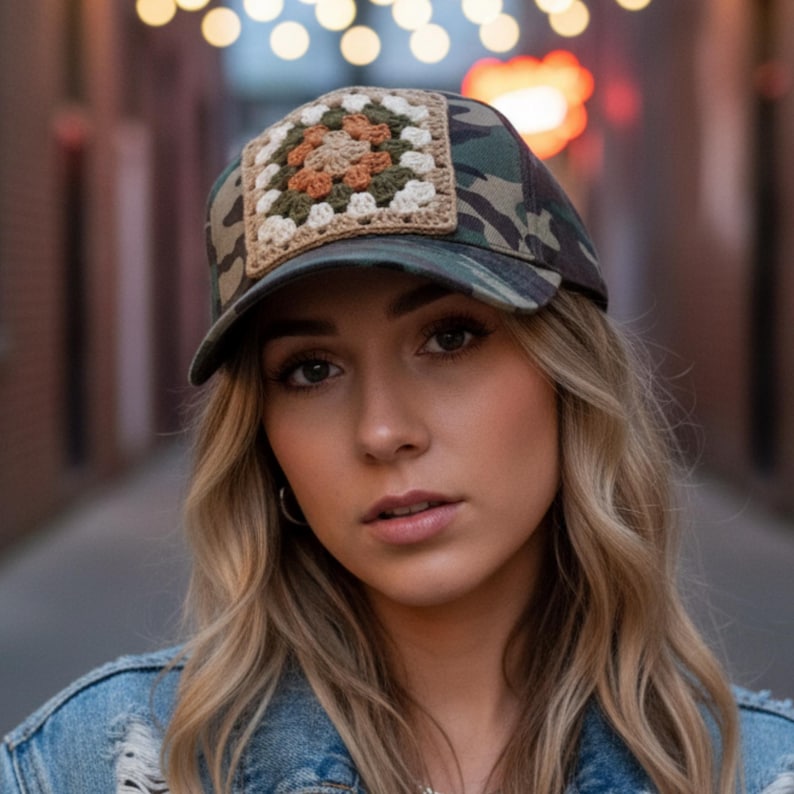 May include: A camouflage baseball cap with a square, crocheted patch featuring a floral design in shades of white, tan, orange, and green. The cap has a curved brim and a classic six-panel design.