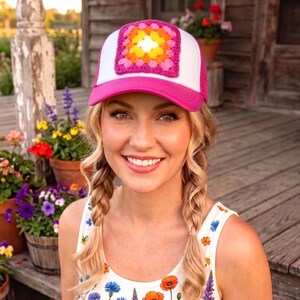 Trucker Hat with Crochet Granny Square Patch, Pink Mesh Trucker Cap, Womans Baseball Hat, Summer Accessory, Retro Boho, Grannycore, Cute Hat image 8