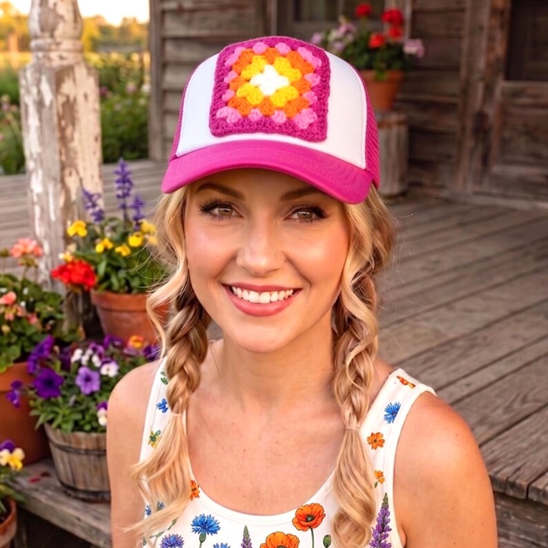 Trucker Hat with Crochet Granny Square Patch, Pink Mesh Trucker Cap, Womans Baseball Hat, Summer Accessory, Retro Boho, Grannycore, Cute Hat image 8