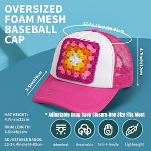 Trucker Hat with Crochet Granny Square Patch, Pink Mesh Trucker Cap, Womans Baseball Hat, Summer Accessory, Retro Boho, Grannycore, Cute Hat image 20