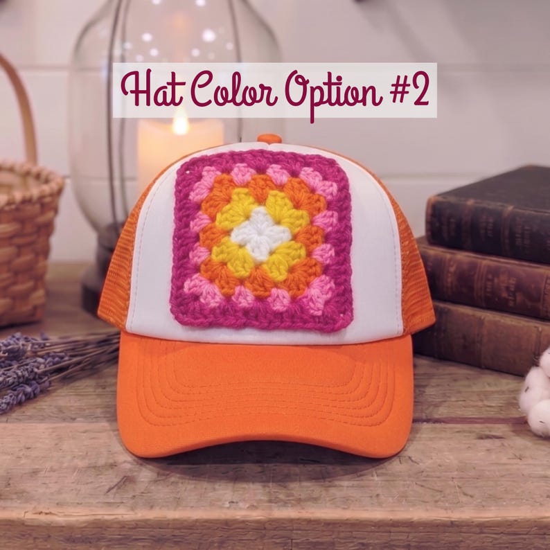Trucker Hat with Crochet Granny Square Patch, Pink Mesh Trucker Cap, Womans Baseball Hat, Summer Accessory, Retro Boho, Grannycore, Cute Hat Orange & White Hat