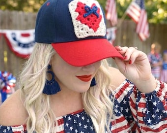Trucker Hat with Crochet Granny Square, Patriotic 4th of July Hat, Boho Style, Woman's Baseball Cap, Cute Trucker Hat, Heart Hat Patch, USA