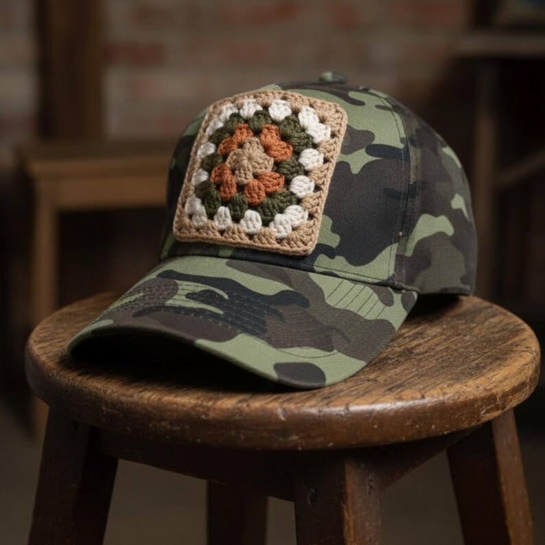 May include: A camouflage baseball cap with a crocheted square patch. The patch features a square design with a tan border and a center of orange, green, and white. The cap is sitting on a wooden stool.