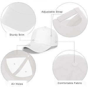 May include: A white baseball cap with a sturdy brim, air holes, and an adjustable strap. The cap is made of comfortable fabric. Detailed views highlight the cap's features.