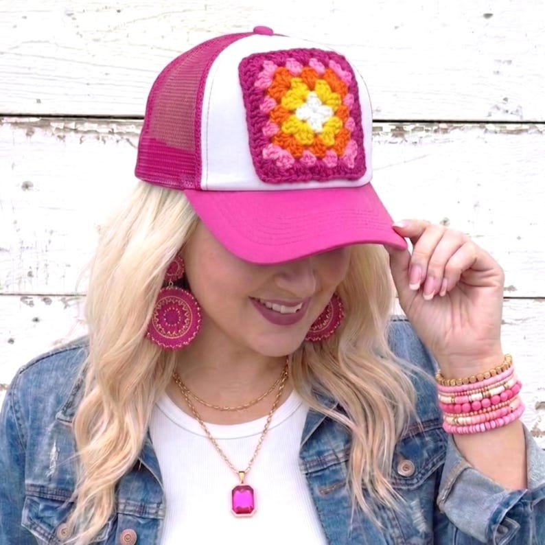 Trucker Hat with Crochet Granny Square Patch, Pink Mesh Trucker Cap, Womans Baseball Hat, Summer Accessory, Retro Boho, Grannycore, Cute Hat image 15