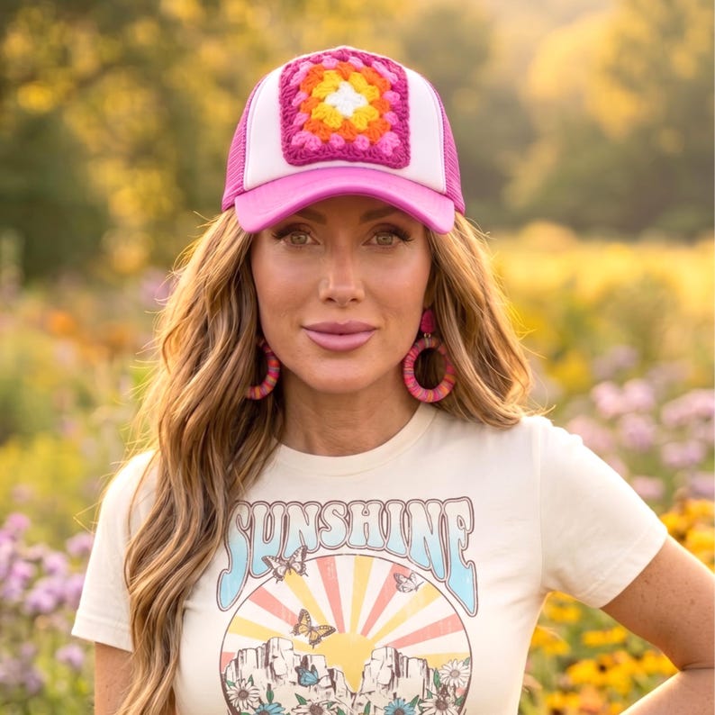 Trucker Hat with Crochet Granny Square Patch, Pink Mesh Trucker Cap, Womans Baseball Hat, Summer Accessory, Retro Boho, Grannycore, Cute Hat image 18